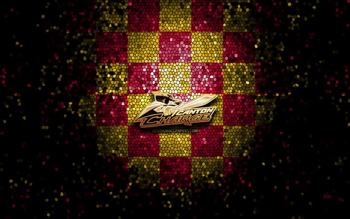 Canton Charge, logo glitterato, NBA G League, sfondo a scacchi giallo rosso, basket, squadra di basket americana, logo Canton Charge, arte del mosaico