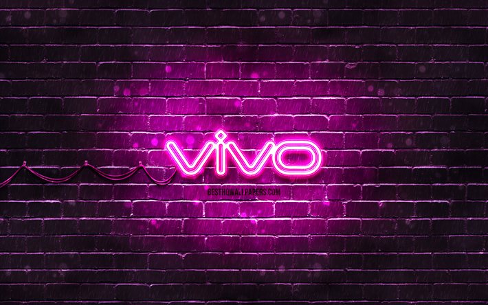 Logo violet Vivo, 4k, mur de briques violet, logo Vivo, marques, logo n&#233;on Vivo, Vivo