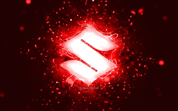 suzuki rotes logo, 4k, rote neonlichter, kreativer, roter abstrakter hintergrund, suzuki-logo, automarken, suzuki