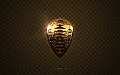Koenigseggin kultainen logo, kuvitus, ruskea metallitausta, Koenigseggin tunnus, luova, Koenigseggin logo, tuotemerkit, Koenigsegg