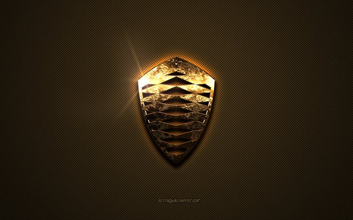 koenigsegg goldenes logo, kunstwerk, brauner metallhintergrund, koenigsegg-emblem, kreativ, koenigsegg-logo, marken, koenigsegg
