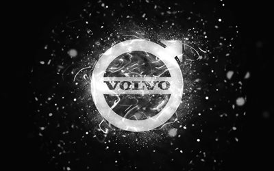 Volvo beyaz logo, 4k, beyaz neon ışıkları, yaratıcı, siyah soyut arka plan, Volvo logosu, otomobil markaları, Volvo