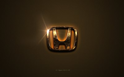 Honda altın logosu, sanat eseri, kahverengi metal arka plan, Honda amblemi, yaratıcı, Honda logosu, markalar, Honda