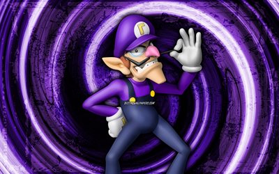 4k, Waluigi, violet grunge background, vortex, Super Mario, antagonist, Super Mario characters, Super Mario Bros, Waluigi Super Mario