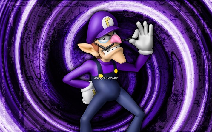 4k, Waluigi, violett grungebakgrund, virvel, Super Mario, antagonist, Super Mario-karakt&#228;rer, Super Mario Bros, Waluigi Super Mario