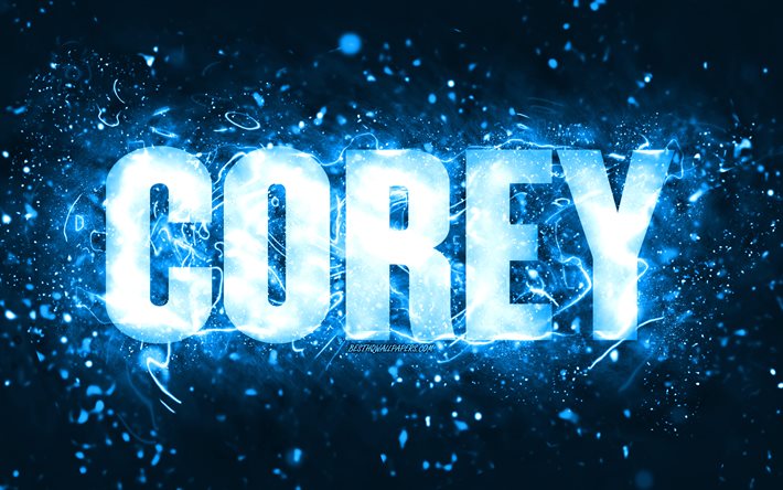 Feliz Anivers&#225;rio Corey, 4k, luzes de n&#233;on azuis, nome Corey, criativo, Corey Feliz Anivers&#225;rio, Corey Anivers&#225;rio, nomes masculinos americanos populares, imagem com nome Corey, Corey