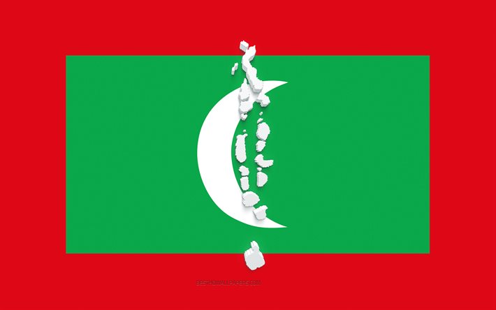 Maldivler harita silueti, Maldivler Bayrağı, bayrakta siluet, Maldivler, 3d Maldivler harita silueti, Maldivler bayrağı, Maldivler 3d harita