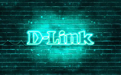 Logo D-Link turchese, 4k, muro di mattoni turchese, logo D-Link, marchi, logo al neon D-Link, D-Link
