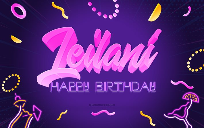 お誕生日おめでとうレイラニ, 4k, 紫のパーティーの背景, レイラニ, クリエイティブアート, レイラニお誕生日おめでとう, レイラニの名前, レイラニの誕生日, 誕生日パーティーの背景