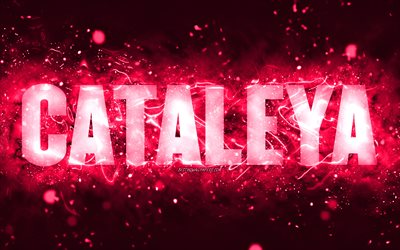 お誕生日おめでとうカタレヤ, 4k, ピンクのネオンライト, カトレアの名前, creative クリエイティブ, カタレヤお誕生日おめでとう, カタレヤの誕生日, 人気のアメリカ人女性の名前, カタレヤの名前の写真, カタレヤ