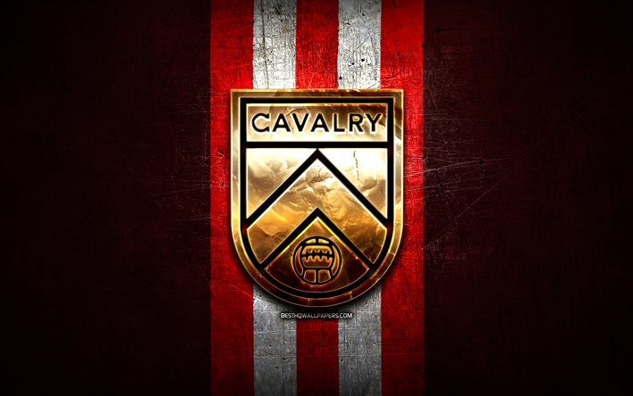 Cavalry FC, logo dor&#233;, Premi&#232;re Ligue canadienne, fond m&#233;tal rouge, football, club de football canadien, logo Cavalry FC, soccer, FC Cavalry