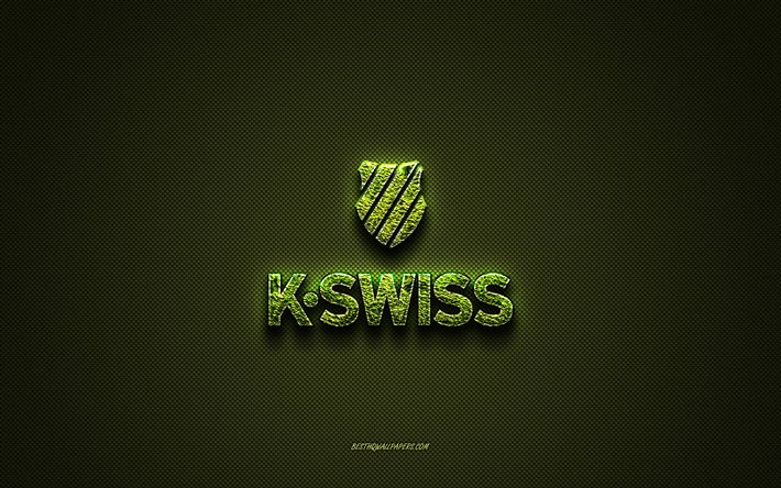 Logo K-Swiss, logo creativo verde, logo arte floreale, emblema K-Swiss, trama in fibra di carbonio verde, K-Swiss, arte creativa