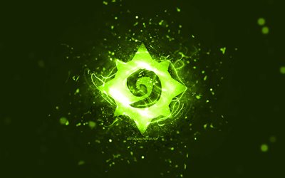 Hearthstone lime logo, 4k, lime neon lights, creative, lime abstract background, Hearthstone logo, online games, Hearthstone