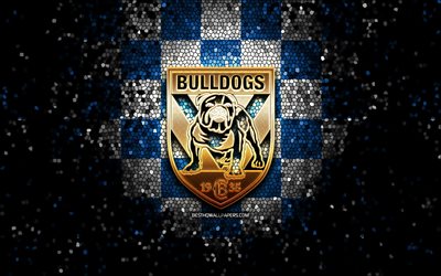 canterbury bulldogs, glitzer-logo, nrl, blau-weiß karierter hintergrund, rugby, australischer rugby-club, canterbury bulldogs-logo, mosaikkunst, national rugby league