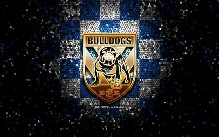 Bulldogs de Canterbury, logo de paillettes, NRL, fond &#224; carreaux blanc bleu, rugby, club de rugby australien, logo des Bulldogs de Canterbury, art de la mosa&#239;que, Ligue nationale de rugby