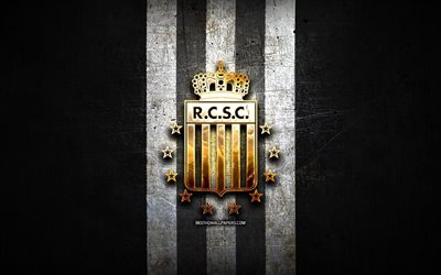 Royal Charleroi FC, golden logo, Jupiler Pro League, black metal background, football, belgian football club, Royal Charleroi logo, soccer, Royal Charleroi SC