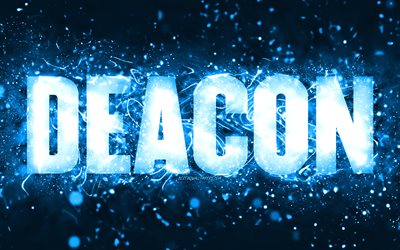 Happy Birthday Deacon, 4k, blue neon lights, Deacon name, creative, Deacon Happy Birthday, Deacon Birthday, popular american male names, picture with Deacon name, Deacon