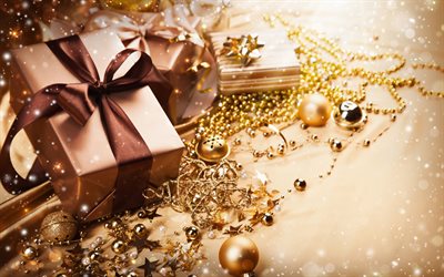 4k, golden christmas decorations, xmas balls, New Year decoration, Happy New Year, Merry Christmas, golden gift boxes, new year concepts, christmas decorations
