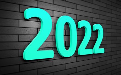 4k, frohes neues jahr 2022, kreativ, 2022 t&#252;rkisfarbene 3d-ziffern, 2022-gesch&#228;ftskonzepte, graue ziegelmauer, 2022-neujahr, 2022-jahr, 2022 auf grauem hintergrund, 2022-jahresziffern, 2022-konzepte
