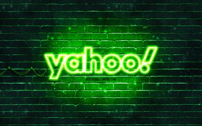 Yahoo logo verde, 4k, muro di mattoni verde, logo Yahoo, marchi, logo Yahoo neon, Yahoo