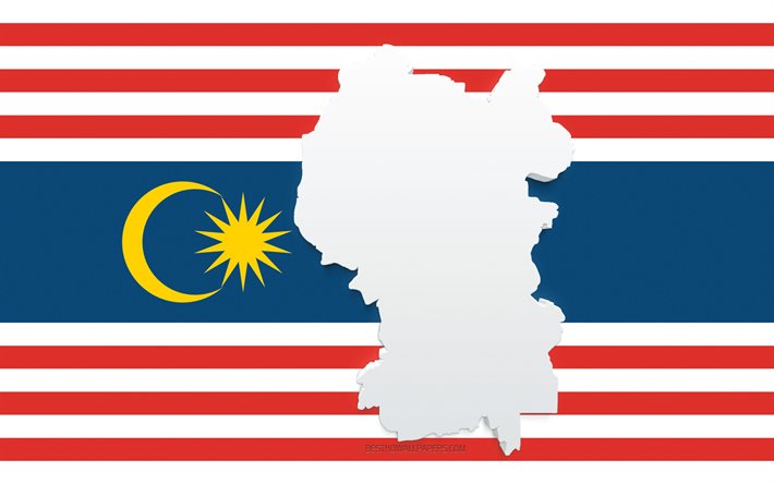 Silueta de mapa de Kuala Lumpur, bandera de Kuala Lumpur, silueta en la bandera, Kuala Lumpur, silueta de mapa de Kuala Lumpur 3d, mapa de Kuala Lumpur 3d