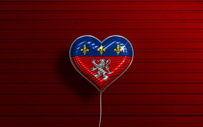 Amo Lione, 4k, palloncini realistici, sfondo di legno rosso, Giorno di Lione, citt&#224; francesi, bandiera di Lione, Francia, palloncino con bandiera, Lione