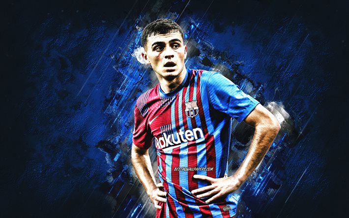 Pedri, Barcelona FC, Spanish footballer, attacking midfielder, blue stone background, La Liga, Spain, football, Pedro Gonzalez Lopez