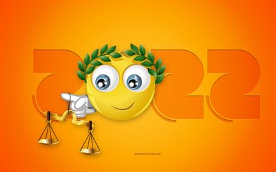 2022 Balance Year, Happy New Year 2022, fond jaune, 3D Balance signe du zodiaque, 2022 Nouvel An, signe du zodiaque Balance, concepts 2022, Balance
