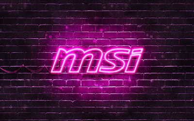 MSI purple logo, 4k, purple brickwall, MSI logo, brands, MSI neon logo, MSI