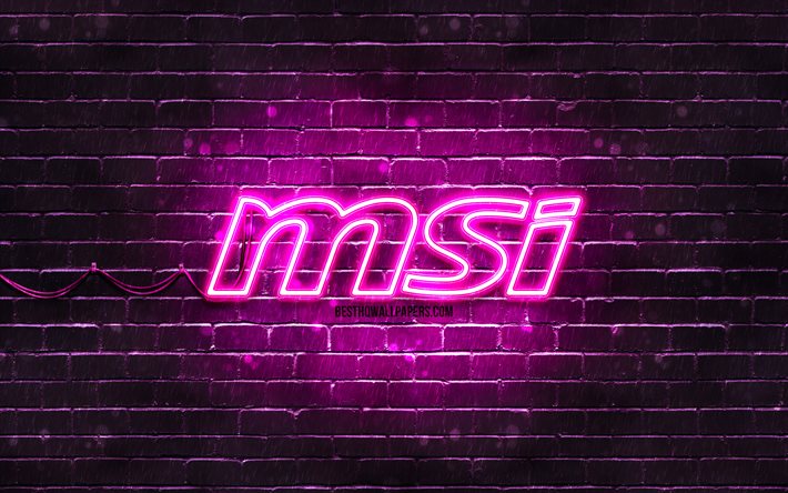 MSI logo viola, 4k, muro di mattoni viola, logo MSI, marchi, logo MSI neon, MSI