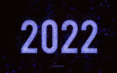 Happy New Year 2022, blue glitter art, 2022 New Year, 2022 blue glitter background, 2022 concepts, black background, 2022 greeting card