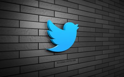 Logo Twitter 3D, 4K, mur de briques gris, cr&#233;atif, r&#233;seaux sociaux, logo Twitter, art 3D, Twitter