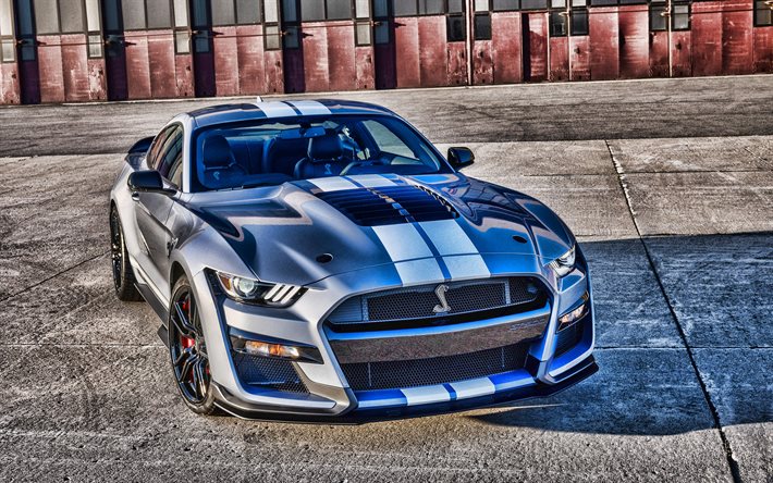 2022, Ford Mustang Shelby GT500, 4k, vista frontal, exterior, carro esportivo prateado, novo Mustang Shelby GT500 prateado, carros esportivos americanos, Ford