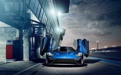Ford GT, 2017, supercar, blue Ford, track racing