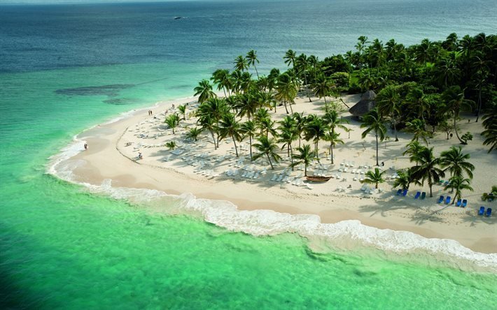 playa, mar, palmeras, isla tropical, vacaciones, sillas de playa