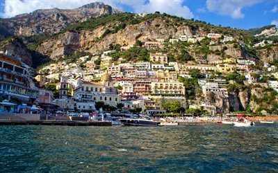 Salerno, b&#229;tar, bay, Positano, Italien, Medelhavet, stenar, kusten