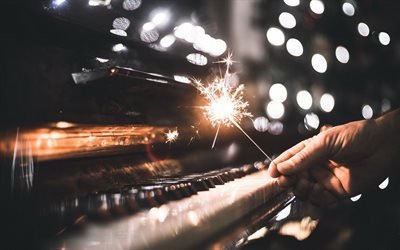 New Year, Bengal lights, piano keys, piano
