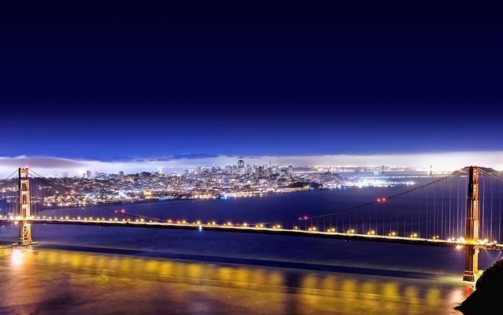 ゴールデンゲートブリッジ, 4k, 米, パノラマ, 夜, サンフランシスコ, 米国