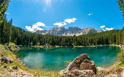 Karersee Lago, bosque, verano, piedras, Italia