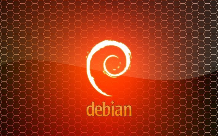 Linux, 4k, logotipo, Debian, OS, cuadr&#237;cula, fondo naranja