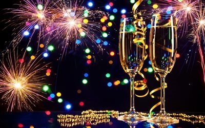 Nouvelle Ann&#233;e, 2017, feux d&#39;artifice, champagne, verres &#224; champagne