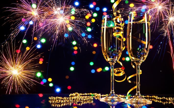 Nuovo Anno 2017, fuochi d&#39;artificio, champagne, bicchieri di champagne
