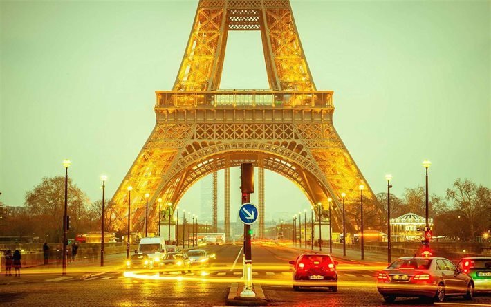 eiffelturm, stra&#223;e, paris, frankreich, auto, lichter der stadt