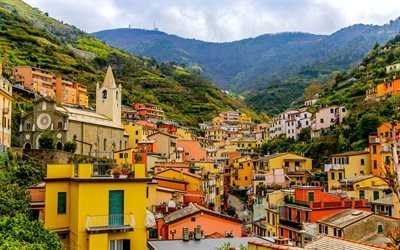 Cinque Terre, kayalar, evler, İtalya, Sahil