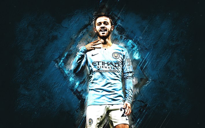 Bernardo Silva, Portuguese soccer player, midfielder, Manchester City FC, blue stone background, Premier League, England, football