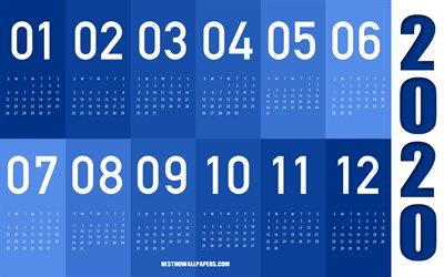 Azul 2020 Calendario, Azul abstracci&#243;n, todos los meses el a&#241;o 2020, el calendario de 2020 todos los meses, Azul, papel de arte, 2020 Calendario
