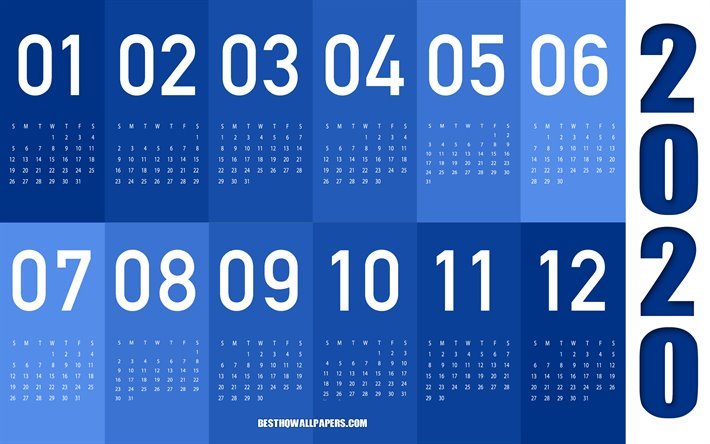 الأزرق 2020 التقويم, الأزرق التجريد, كل أشهر العام 2020, تقويم عام 2020 جميع أشهر, ورقة زرقاء الفن, 2020 التقويم