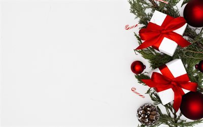 Buon Natale, bianco scatole di doni, di seta rossa archi, Felice Anno Nuovo, sfondo Natale, palle di natale Rosse