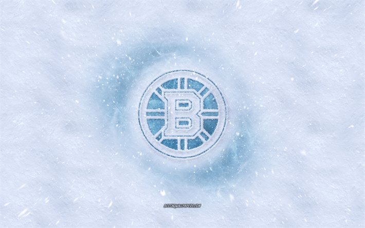 Boston Bruins logo, American hockey club, inverno concetti, NHL Boston Bruins ghiaccio e logo, neve texture, Boston, Massachusetts, USA, neve, sfondo, Boston Bruins, hockey