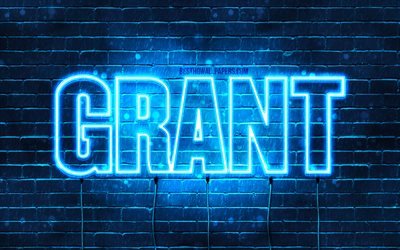 Grant, 4k, isim Vermek isim, yatay metin, Hibe adı, mavi neon ışıkları, resimli duvar kağıtları